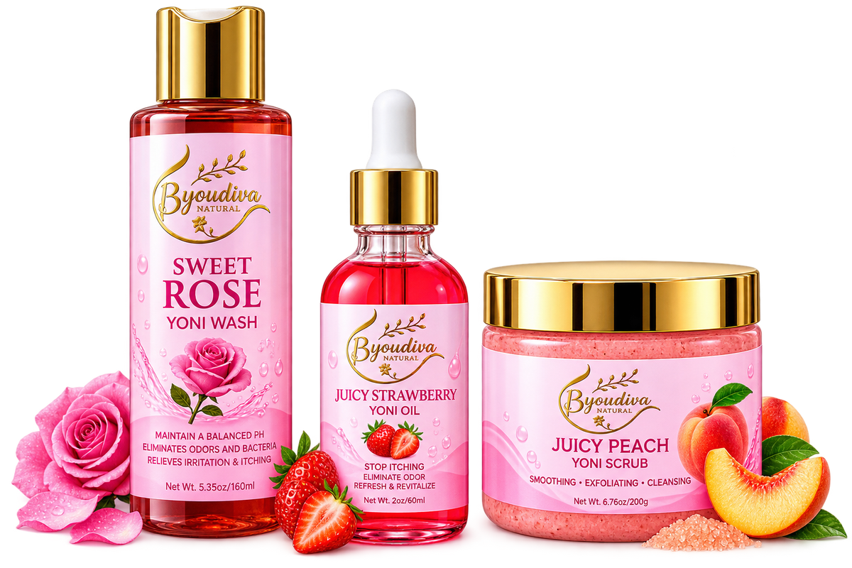 3-Piece Feminine Care Set – Sweet Rose Wash, Juicy Peach Scrub & Juicy Strawberry Oil