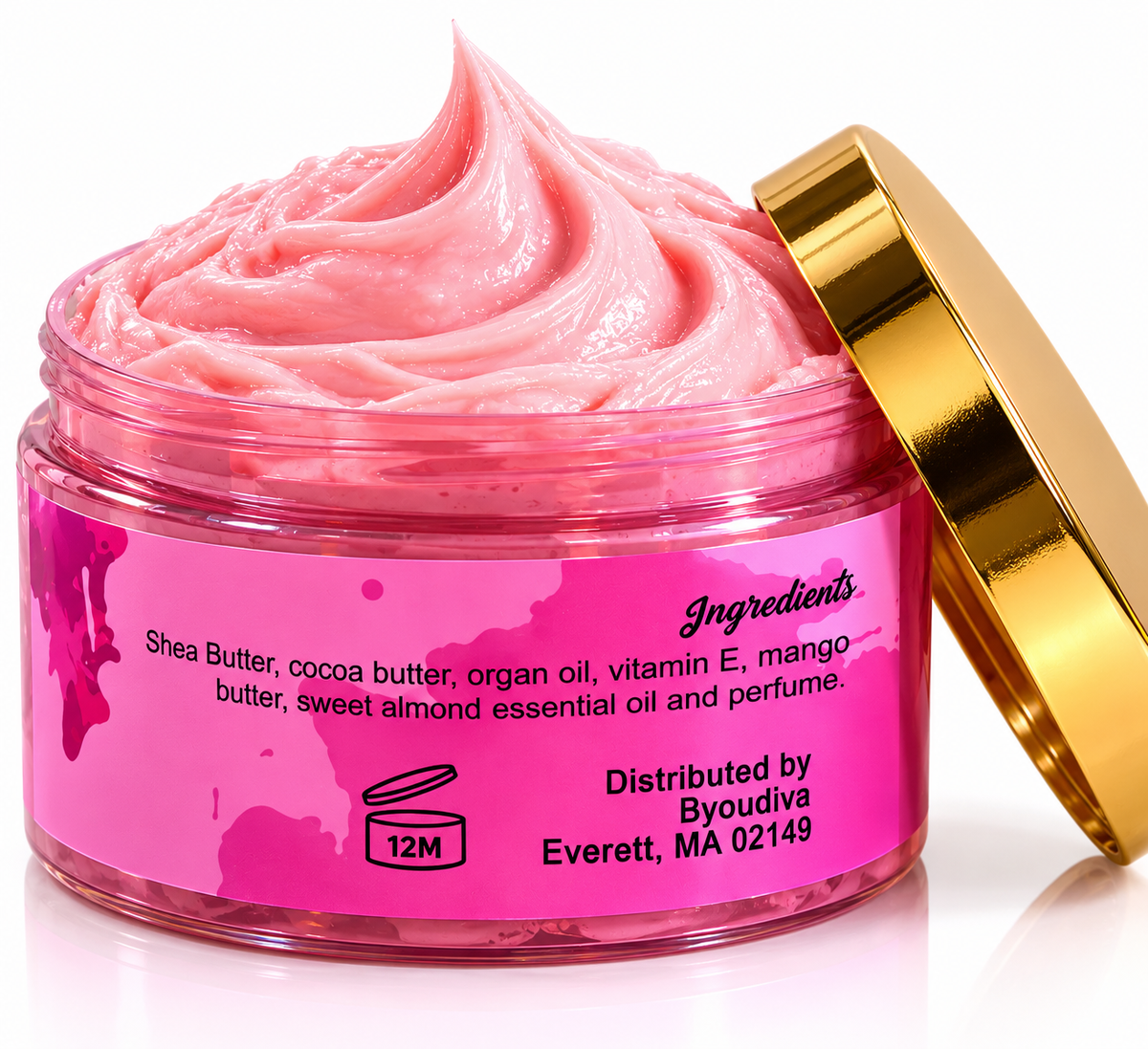 Pink whipped Réveil Rose body butter crème in an open jar with gold lid