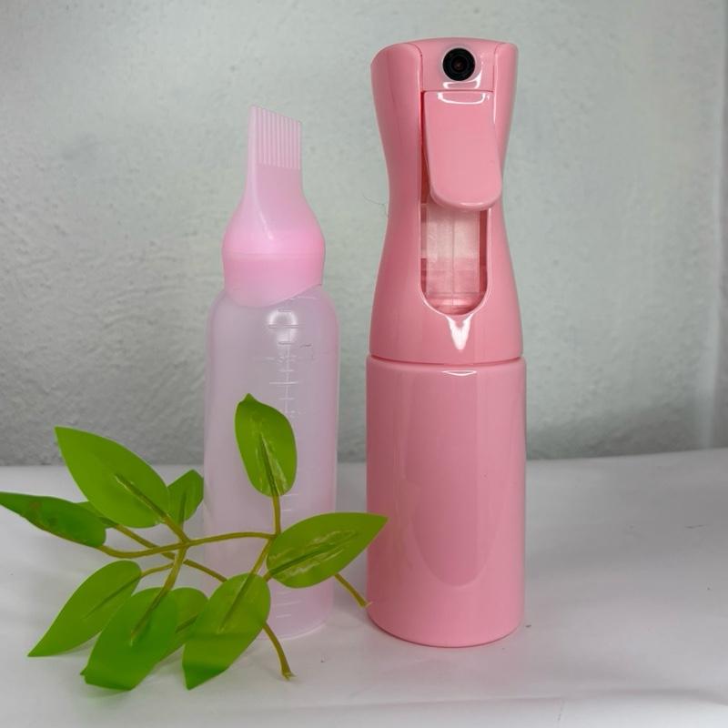 Pink Reusable 2-Piece Eco-Friendly Hair Storage Set - Lightweight Bottle with Fine Continuous Mist Spray, Comb Tip Applicator for Water, Oil, Natural Treatments Home Hair Care Use