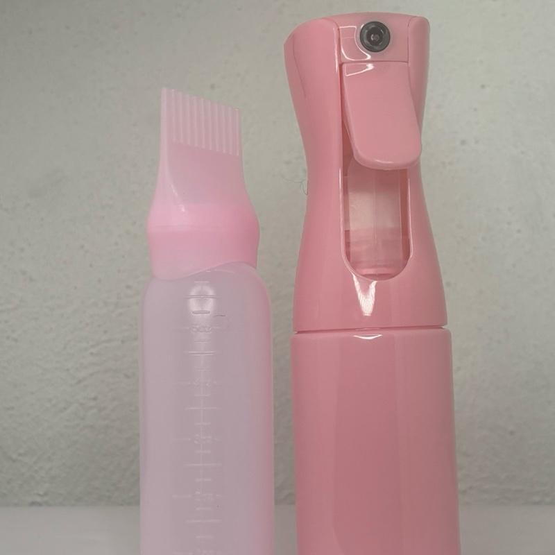Pink Reusable 2-Piece Eco-Friendly Hair Storage Set - Lightweight Bottle with Fine Continuous Mist Spray, Comb Tip Applicator for Water, Oil, Natural Treatments Home Hair Care Use