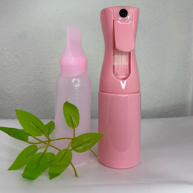 Pink Reusable 2-Piece Eco-Friendly Hair Storage Set - Lightweight Bottle with Fine Continuous Mist Spray, Comb Tip Applicator for Water, Oil, Natural Treatments Home Hair Care Use
