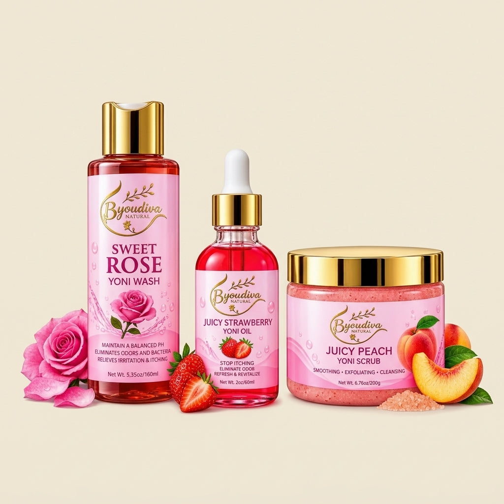 3-Piece Feminine Care Set – Sweet Rose Wash, Juicy Peach Scrub & Juicy Strawberry Oil